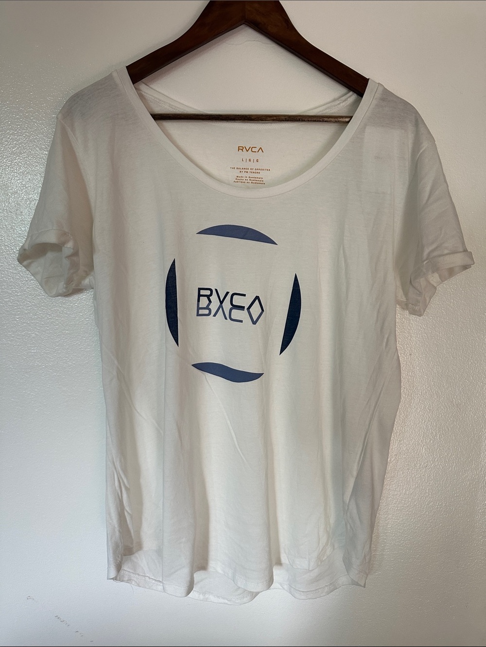 RVCA White Short Sleeve Scoop Neck Tee with Navy Logo